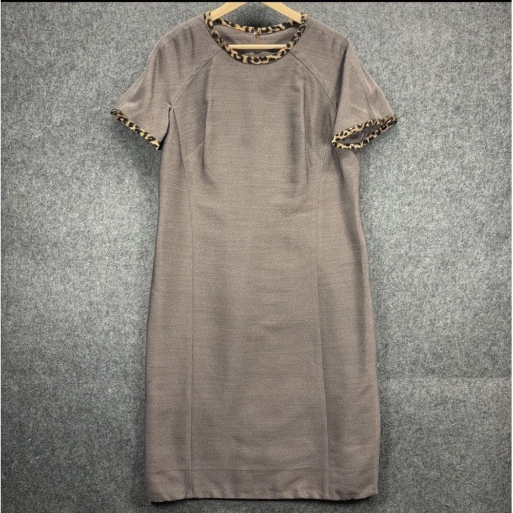 Vintage 60s 70s Shift Dress Cheetah Print Trim Women Medium Brown Madmen MCM USA